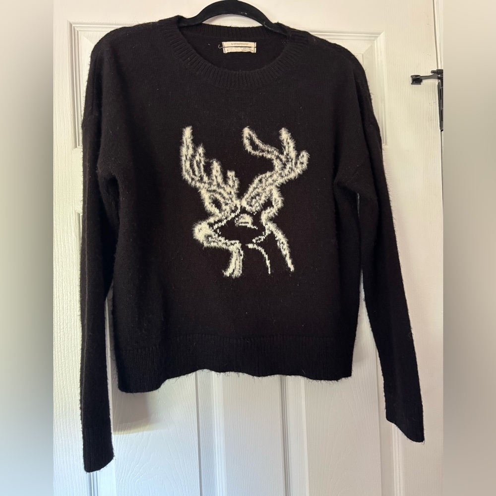 Anthropologie Black Sweater with White Deer Motif